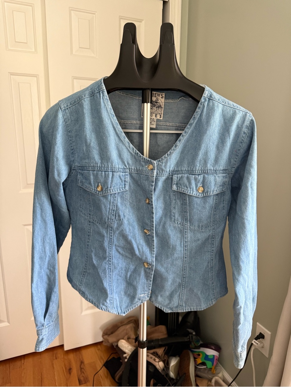 Vintage 90s Andrews Blues Chambray Denim Button Front Top Made In Hong Kong‎